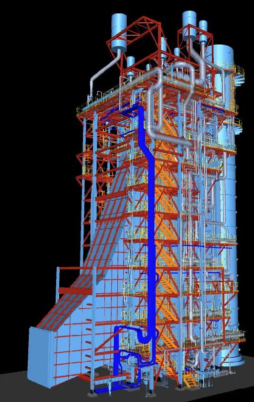 3D model of a plant structure with equipment and piping