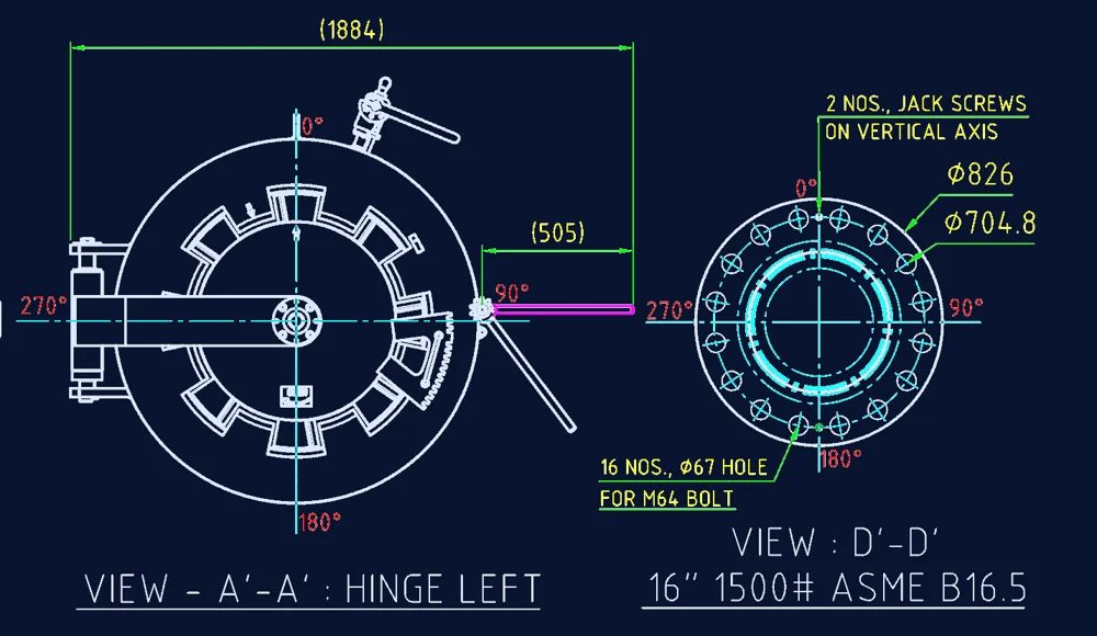 EnggDesign scraper trap drawing: quick opening closure view A-A and 16 inch 1500# ASME B16.5 flange view D-D